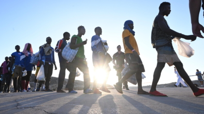 Migrants wait in Cala Pisana to be transferred to other places from the island of Lampedusa, southern Italy, 15 September 2023. A record number of migrants and refugees have arrived on the Italian island of Lampedusa in recent days. Lampedusa's city council declared a state of emergency on 13 September evening after a 48-hour continuous influx of migrants.
ANSA/CIRO FUSCO